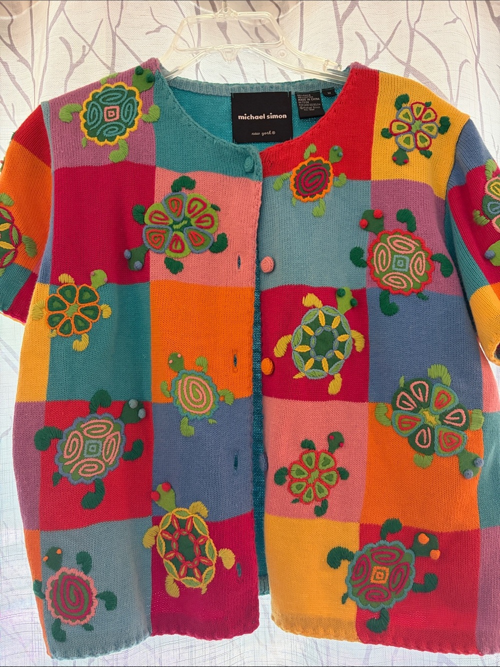 1999 Michael Simon Multicolor Patchwork Embroidered Turtle Cardigan